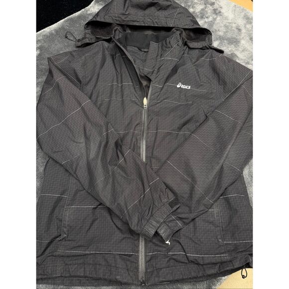 ASICS black and white windbreaker jacket with removable hood in good shape but o - Picture 1 of 5